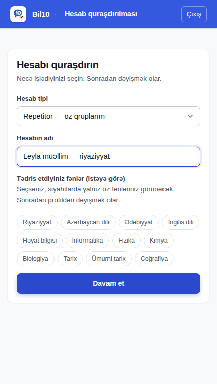Hesab quraşdırma ekranı