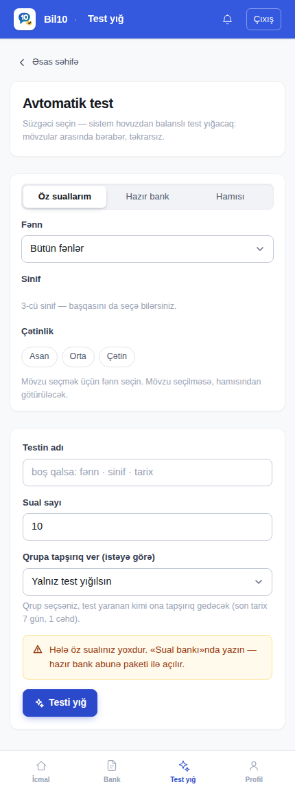 Test yığma ekranı