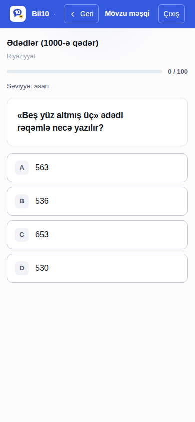 Mövzu məşqi ekranı